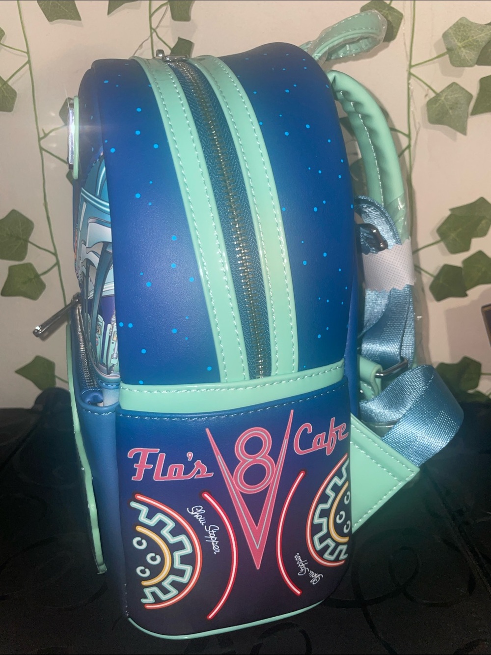 Loungefly Disney Pixar Cars Flo’s V8 Cafe Glow-In-The-Dark Mini Backpack - Picture 3 of 7